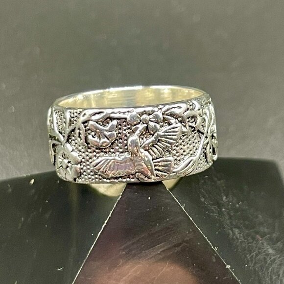 Boho Hummingbird and Flowers Band Ring #1219 - Picture 3 of 7